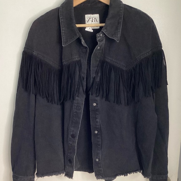 Zara Charcoal Fringe Denim Jacket L - Picture 9 of 14
